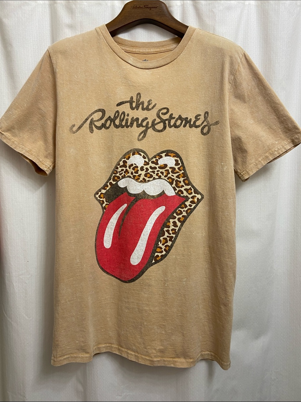 The Rolling Stones Tan Tee with Leopard Lips and Red Tongue